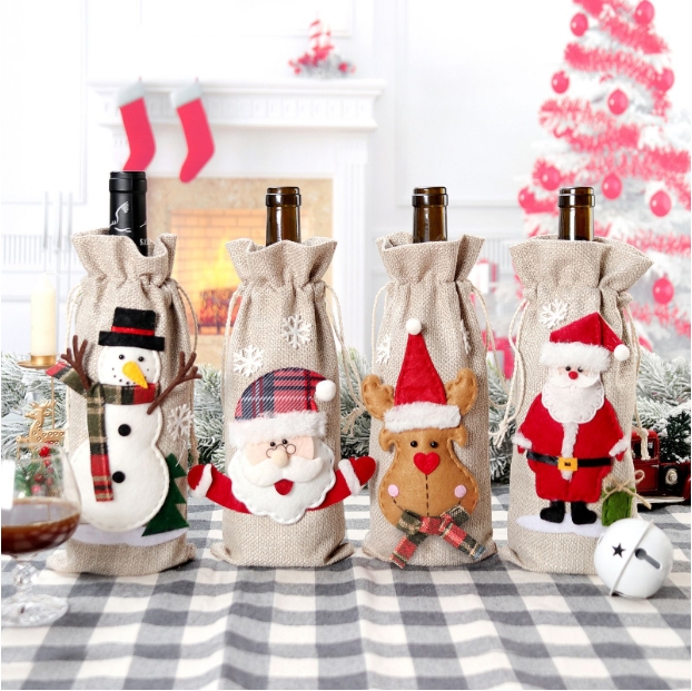 New Christmas Wine Bottle Sleeves Holiday Party Decorations Santa Claus Snowman Elk Burlap Red Wine Bottle Bags