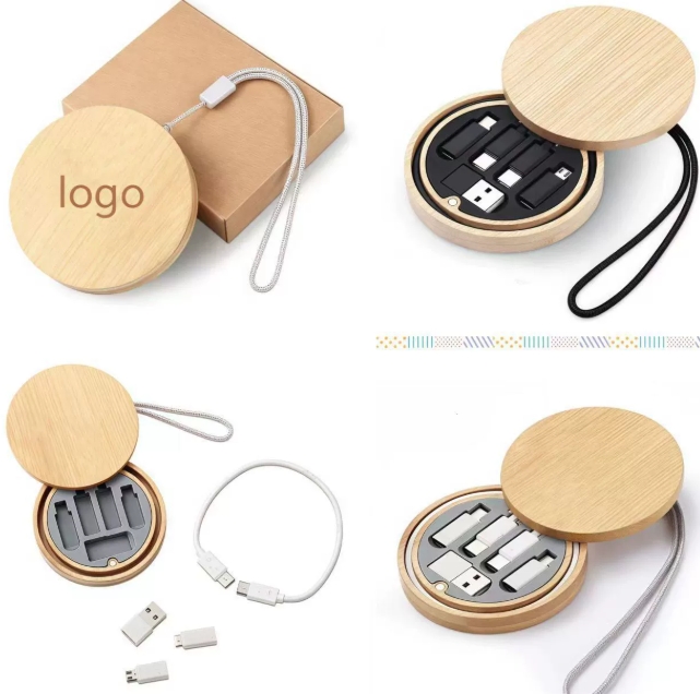 6-in-1 Eco-friendly Bamboo Wooden Data Cable Multi-functional Cell Phone Storage Charging Cable