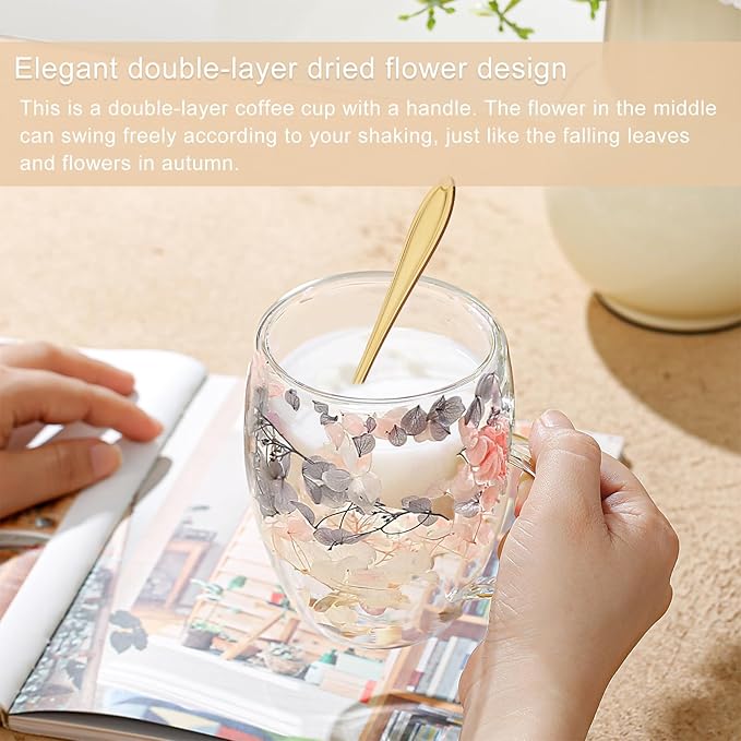 Gifts for Women Dried Flowers Double Wall Glass Coffee Mugs Cute Glass Tea Cups with Handles Christmas Birthday Gifts for Best Friend Teacher Mum Gifts New Home Gift Ideas Autumn Mug Home Decor